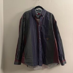 Vintage Tommy Hilfiger Men’s Striped Button-Down Shirt – Navy & Burgundy